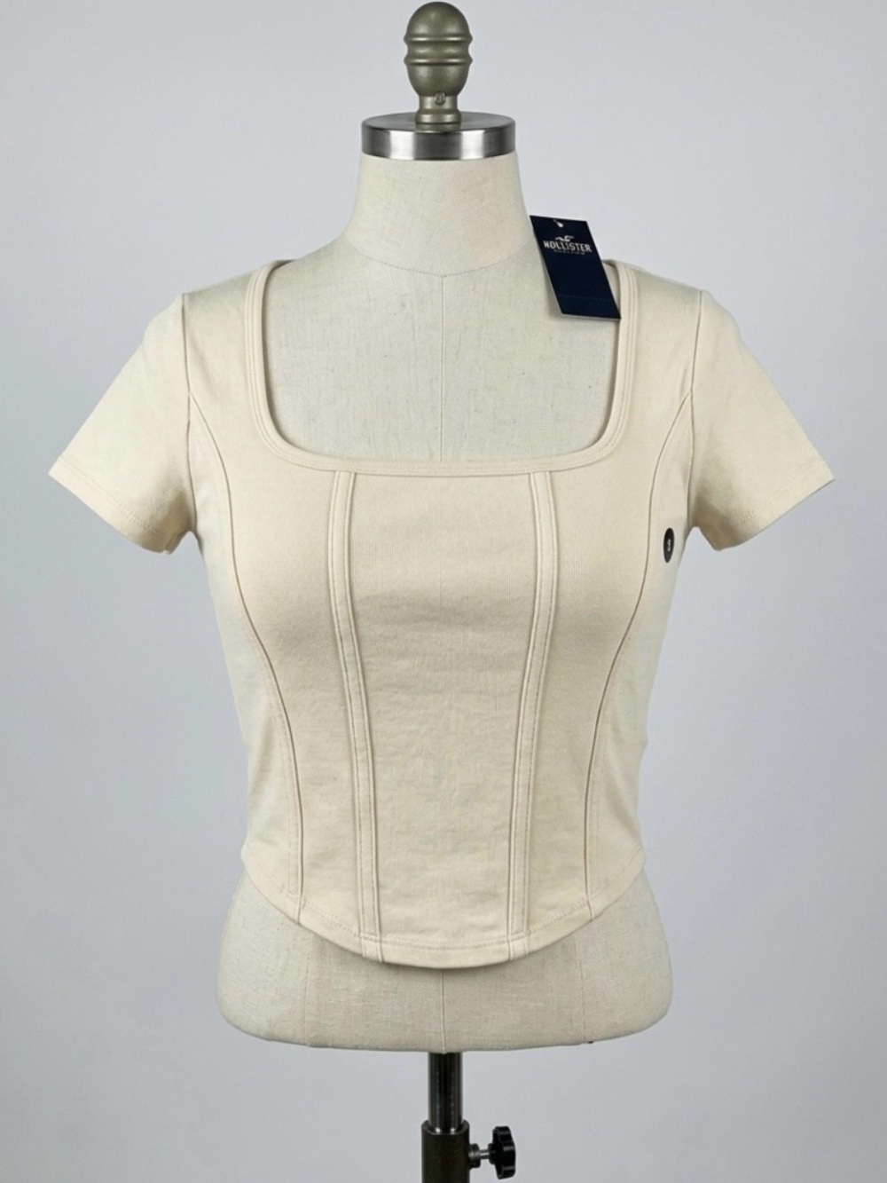 Hollister Cream Square Neck Crop Top with Seamed Panels